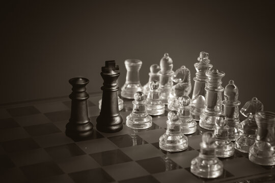 chess isolated on black background. Image with selective focus. copy space area.