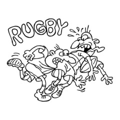 Rugby player bites another player in the ass to take his ball, rugby is hard sport, foul and funny moment, black and white cartoon