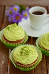 Matcha cupcakes with a cup of espresso
