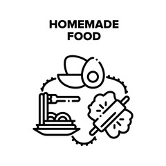Homemade Food Vector Icon Concept. Homemade Spaghetti Cooking From Dough And Natural Eggs Ingredients, Tasty Nutrition. Delicious Home Made Dish Prepared From Bio Products Black Illustration