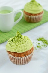 Matcha green tea cupcakes served with Matcha latte
