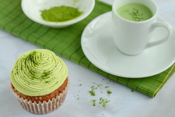 Matcha green tea cupcakes served with Matcha latte
