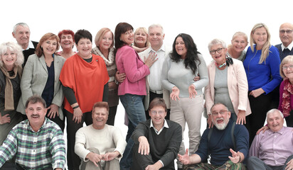 Group of happy elderly people standing and sitting isolated over a white background