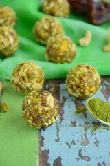 Matcha date cashew coconut pistachio energy balls