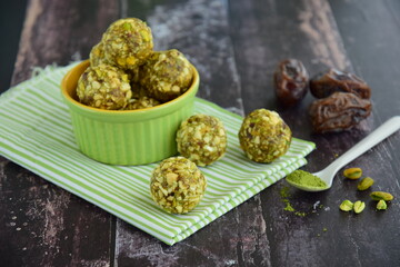 Matcha date cashew coconut pistachio energy balls