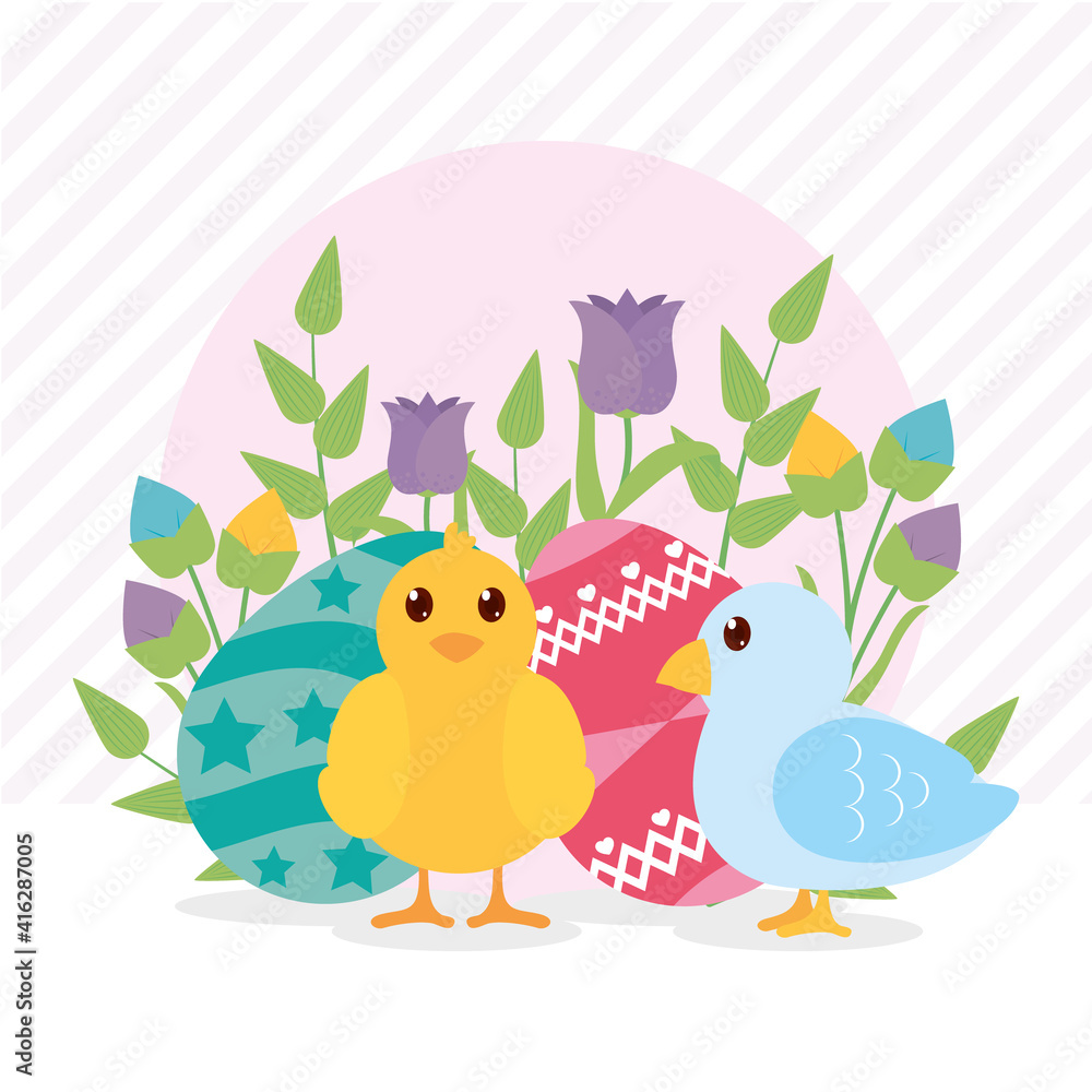 Poster cute chick and bird with beautiful easter eggs and flowers, colorful design