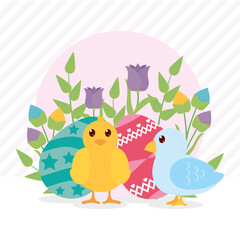 cute chick and bird with beautiful easter eggs and flowers, colorful design