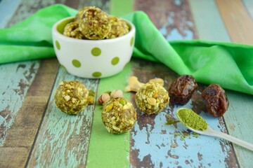 Matcha date cashew coconut pistachio energy balls