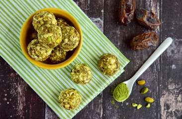 Matcha date cashew coconut pistachio energy balls