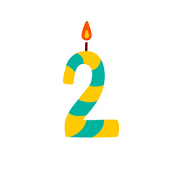 Vector candle in the form of the number two for the cake. Hand drawing of the number 2 in turquoise yellow at the top with a burning wick on a white background. Birthday illustration