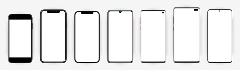 Mockups popular smartphones with blank screens for your design. Isolated in light background. Vector illustration