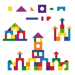 Multicolored wooden kids blocks toy details building kit set. Brick parts for the construction of a children tower, castle, house. Education toys for building and playing. Vector illustration