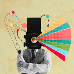 Contemporary art collage. Lines art. Young man businessman headed of camera isolated over light...