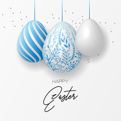 Happy easter template with eggs, pearls, confetti  dotted gold background. Vector illustration. Design layout for invitation, card, menu, flyer, banner, poster, voucher.