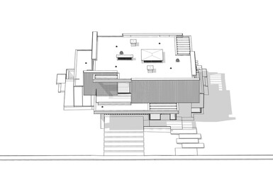3d rendering of modern cozy house with parking and pool for sale or rent with wood plank facade.  Black line sketch with soft light shadows on white background.