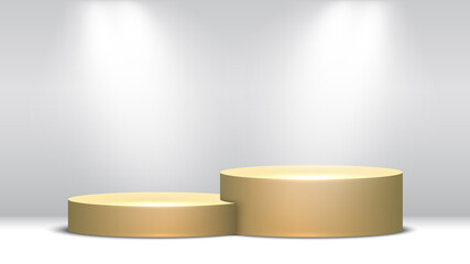 Golden pedestal. Podium and spotlights. Stage for awards ceremony. Vector illustration.