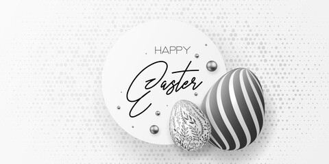 Happy easter template with eggs, pearls, confetti  dotted gold background. Vector illustration. Design layout for invitation, card, menu, flyer, banner, poster, voucher.