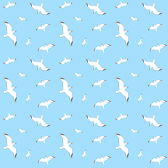 A seamless pattern of flying seagulls isolated on a light-blue background.