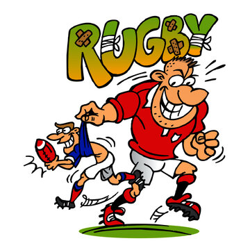 Rugby player giant holds in hand another player with a ball and runs with it, big rugby sign, sport joke, color cartoon
