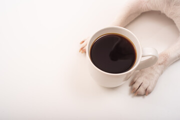 Dog paws and cup of black coffee on white background.