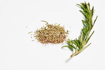 Fresh rosemary on white background. Twig of rosemary on a white with copy space