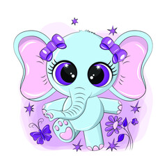 Cute elephant with purple eyes. The baby elephant is made in a cartoon style using purple and blue colors. The colors of the animal are colorful and rich, the elephant is cheerful and radiates joy.