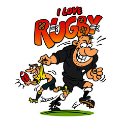 Rugby player giant holds in hand another player with a ball and runs with it, I love rugby, sport joke, color cartoon