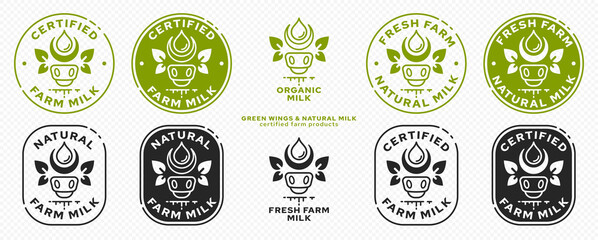 Concept for product packaging. Labeling - natural farm milk. Cow icon with milk drop and leaf-ears or leaf-wings - a symbol of a natural ingredient.. Natural organic products symbol. Vector set.	