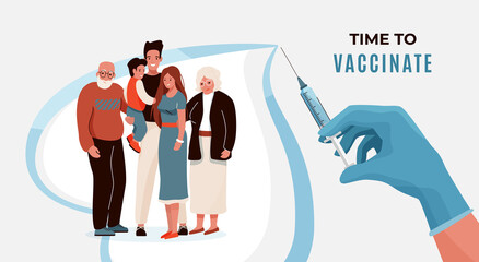 Family vaccination concept vector banner. Household with elderly and child hugging each other in heart shape background. Nurses hand holds syringe with vaccine