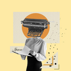 Contemporary art collage. Young girl business woman headed of retro typewriter on light geometric background. Copy space for text, design, ad. Black and white portrait. Flyer. Square composition.