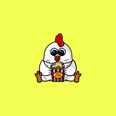 Cute Chicken Eat Pop Corn.Cute mascot character logo. business logo, company mascot, kawaii character Icon Illustration.Concept Isolated Premium Vector. Flat Cartoon Style.