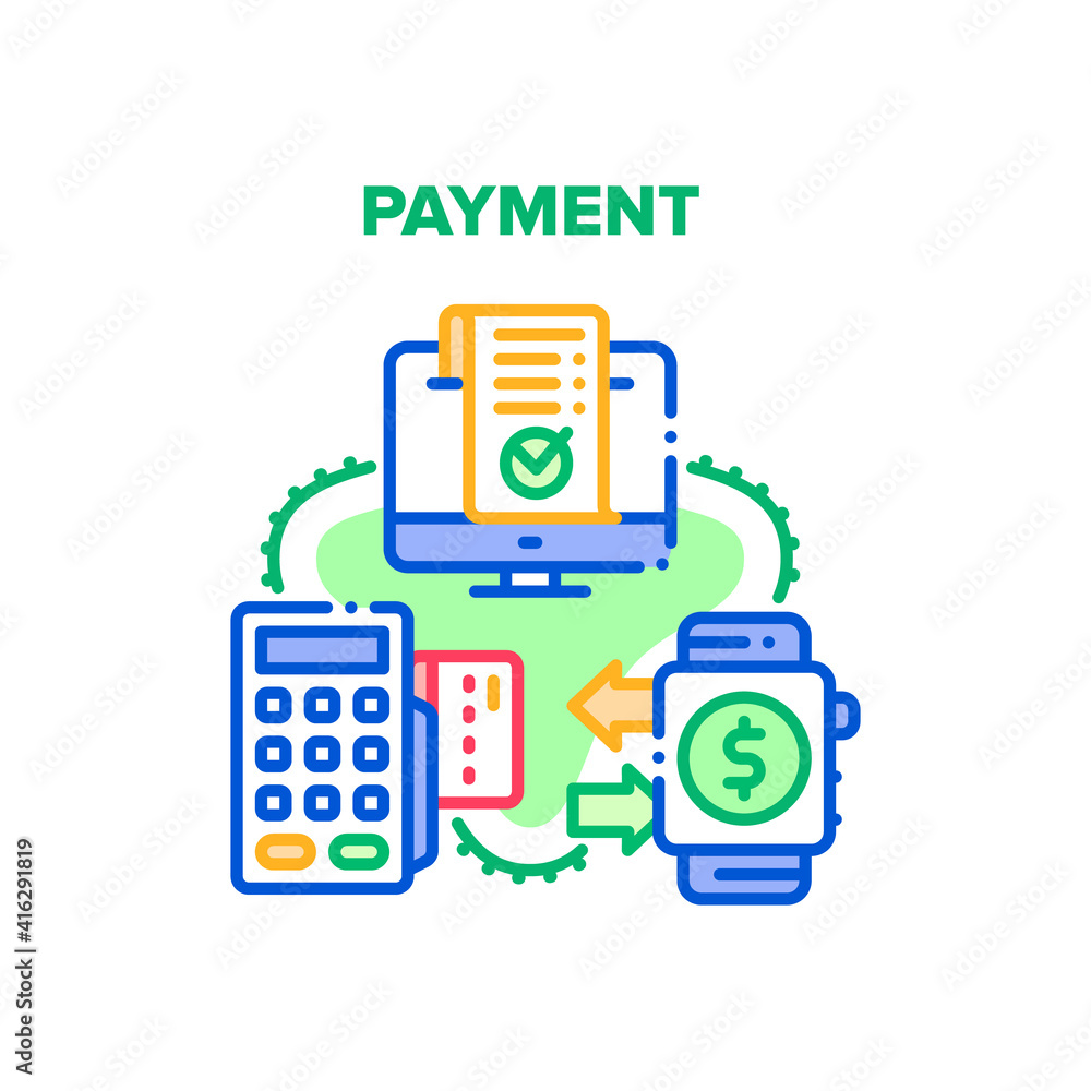 Poster payment device vector icon concept. smartwatche with nfc wireless technology for pay and credit card