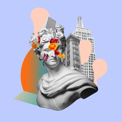 Collage with plaster bust of statue isolated on abstract background. Negative space to insert your text. Modern design. Line art. Conceptual bright collage. Modern unusual art.