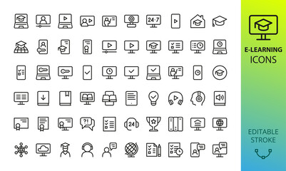 E-learning and Online Education icons set. Set of webinar, video lesson, distance lecture, online course, diploma, certificate, podcast, graduation cap, desk globe, student, knowledge base vector icon