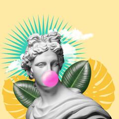 Modern conceptual art colorful poster with ancient statue of bust of Apollo replica. Collage of...