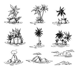 Palm tree island on the sea. Hand drawn black outline on transparent background. Vector illustration © aksol