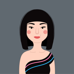 A hand-drawn portrait of a white woman with a square hairstyle. Avatar for social networks. Vector stock illustration.