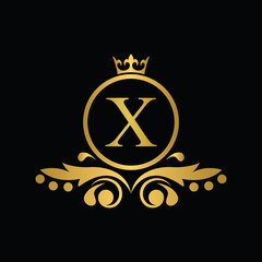 letter X template golden logo Luxury letter with crown. Monogram alphabet . Beautiful royal initials letter. restaurant, food company, shop , boutique template emblem	
