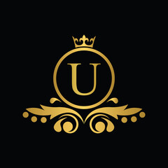 letter U template golden logo Luxury letter with crown. Monogram alphabet . Beautiful royal initials letter. restaurant, food company, shop , boutique template emblem	

