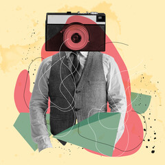 Contemporary art collage. Lines art. Young man businessman headed of camera isolated over light...