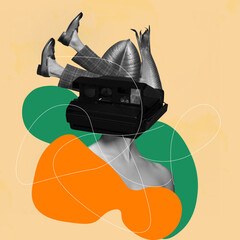 Contemporary art collage. Young girl business woman headed of retro camera on light geometric background. Copy space for text, design, ad. Black and white portrait. Flyer. Square composition.