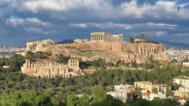 Ancient Acropolis with Parthenon at sunset in Athens, Greece. Time-lapse 4K. 