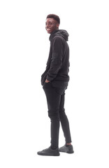 serious guy looking at the white wall. isolated on white