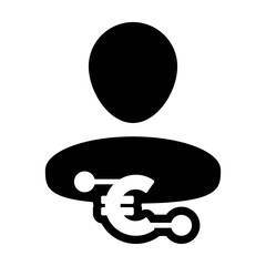 Digital euro icon vector currency symbol with male user person profile avatar for digital currency in a glyph pictogram illustration