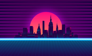 big city urban silhouette skyscraper building sunset neon blue pink purple color retro 80s vintage style
