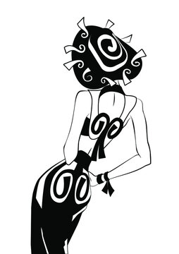 Beautiful Woman in black-withe glamor dress with swirly ornaments the Hat. Close up  Back view, Vector, hand drawn