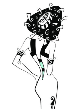 Beautiful Woman with Hat and swirly ornaments at the dress. Back view. Hand drawn Fashion Illustration Vector