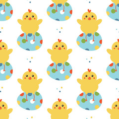 Fototapeta na wymiar Easter seamless pattern background with cute little chicken characters sitting on decorated easter eggs. 