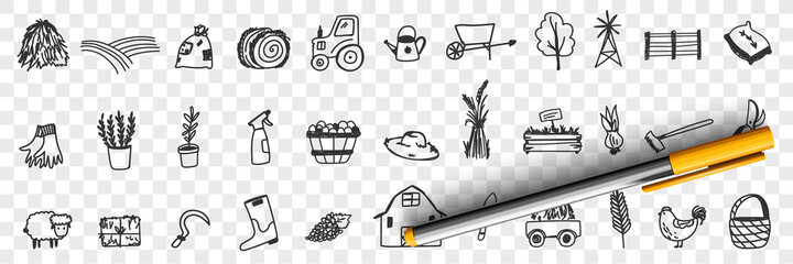 Farming tools and equipment doodle set. Collection of hand drawn tractor hay farm animals house basket harvesting sheep plants watering can shovel boots for farming isolated on transparent background