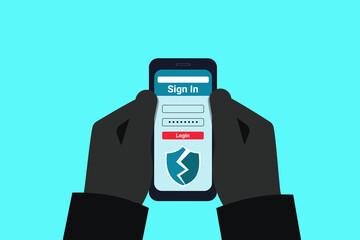 The fraudster is holding a hacked mobile phone in his hands. A hacker breaks into a users account. Online fraud. Log in with a stolen username and password. Access to users personal data. Vector